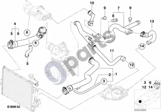 BMW 7 E38 aušinimo sistemos vandens žarnos; 2000.03 - ... – schema