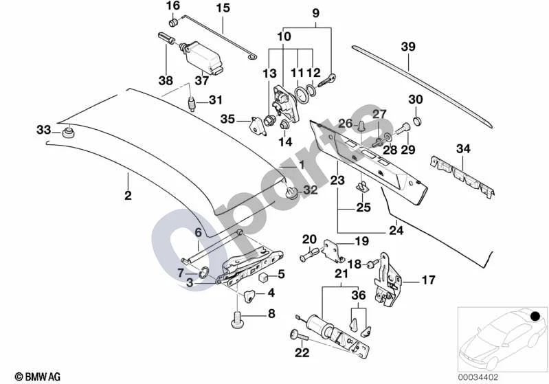BMW 7 E38 (1993–2001) Atskiros bagažinės dangčio dalys (E38 725TDS) schema – pozicija 02: Bagažinės dangčio sandariklis