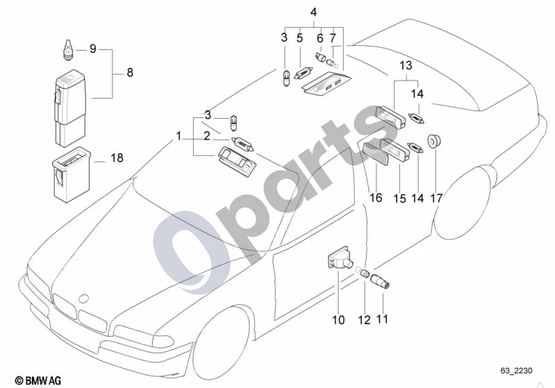 BMW 7 E38 (1993–2001) Įvairios lemputės (E38 725TDS) schema – pozicija 10: Durų įspėjamoji lemputė