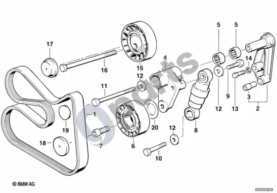 BMW 7 E38 diržinė pavara, vandens siurblys / generatorius – schema