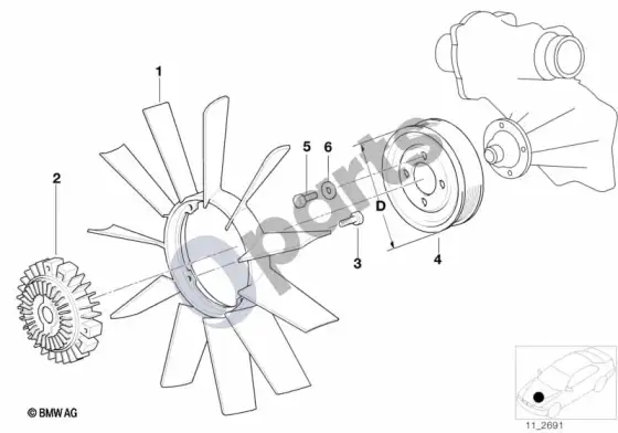 BMW 7 E38 aušinimo sistema – ventiliatorius/ventiliatoriaus mova – schema