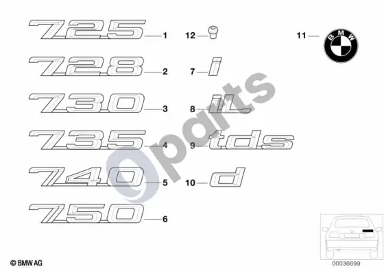 BMW 7 E38 emblemos / užrašai – schema