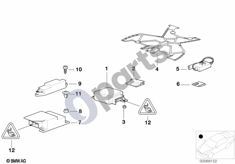BMW 7 E38 (1993–2001) Oro pagalvių elektros dalys schema – pozicija 07: Oro pagalvės/šoninės oro pagalvės valdymo blokas, nekoduotas