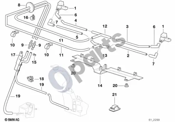 BMW 7 E38 2 srovių intensyvaus priekinio stiklo valymo dalys – schema
