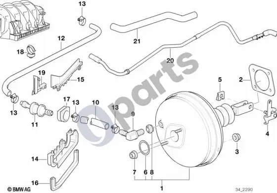BMW 7 E38 stabdžių stiprintuvo vakuumas – schema