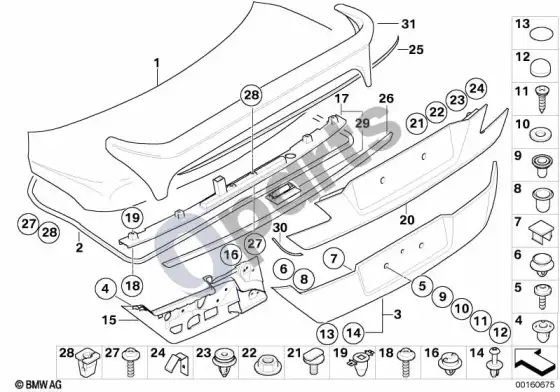 BMW 7 E65 E66 atskiros bagažinės dangčio dalys – schema