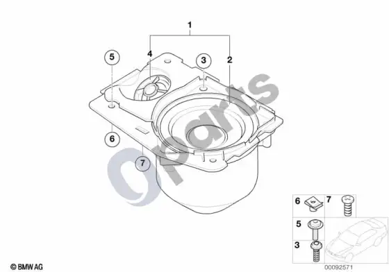 BMW 7 E65 E66 atskiros dalys galinės lentynos hifi sistemai – schema