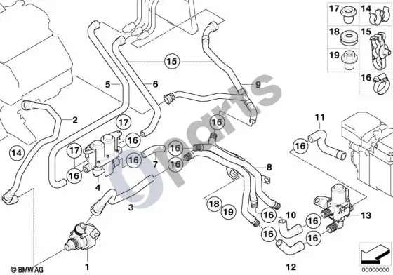 BMW 7 E65 E66 autonominio šildymo vandens vožtuvai – schema