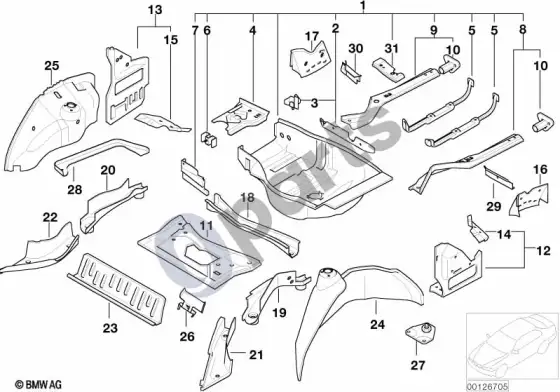 BMW 7 E65 E66 bagažinės grindų skydas/galinė ratų arka – schema