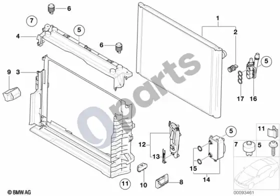 BMW 7 E65 E66 radiatoriaus tvirtinimo detalės – schema