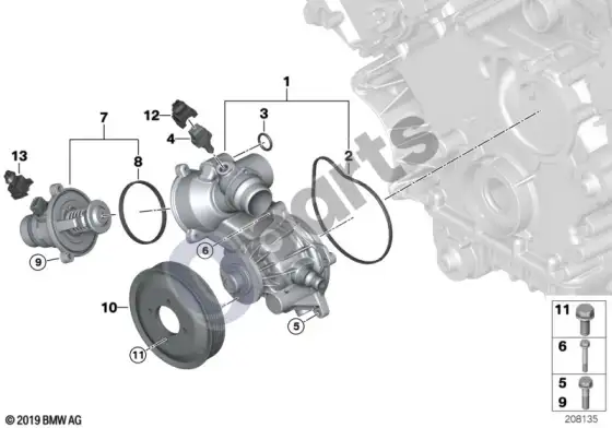 BMW 7 E65 E66 vandens siurblys - termostatas – schema