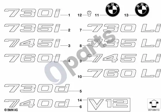 BMW 7 E65 E66 emblemos / užrašai; ... - 2005.03 – schema