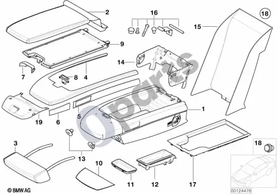 BMW 7 E65 E66 galinės sėdynės vidurinis porankis – schema