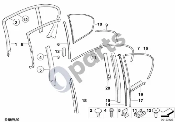 BMW 7 E65 E66 galinių durų apdailos ir sandarikliai – schema