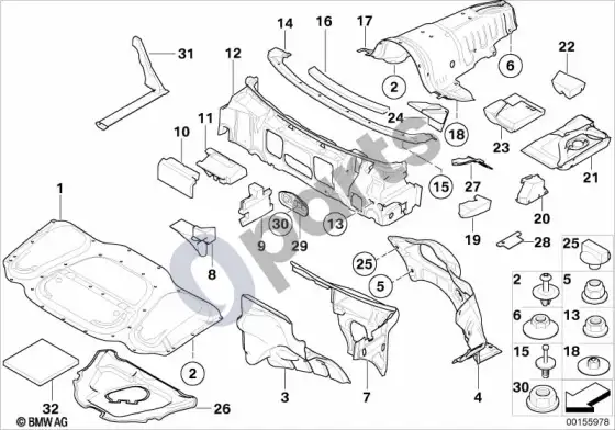 BMW 7 E65 E66 garso izoliacija, priekis – schema