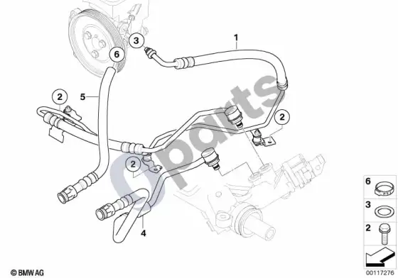 BMW 7 E65 E66 hidraulinės vairo sistemos alyvos vamzdžiai – schema