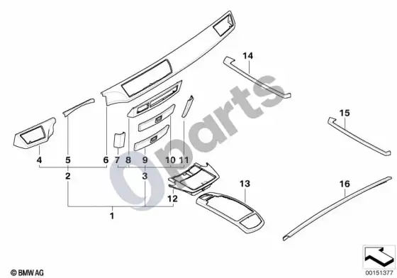 BMW 7 E65 E66 natūralios medienos apdaila, tamsus uosis, blizgi – schema