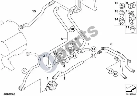 BMW 7 E65 E66 papildomo šildytuvo vandens žarnos – schema
