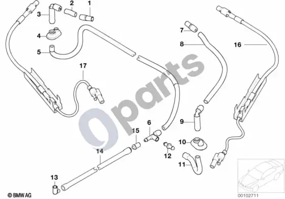 BMW 7 E65 E66 priekinio stiklo apiplovimo sistemos žarnelės – schema