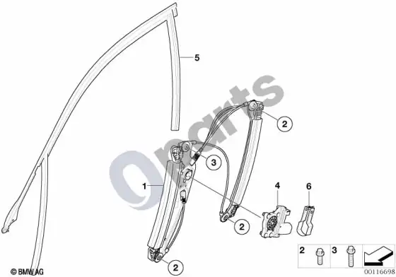 BMW 7 E65 E66 priekinis durų stiklo pakėlimo mechanizmas – schema