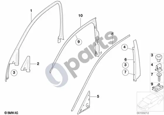 BMW 7 E65 E66 priekinių durų apdailos ir sandarikliai – schema