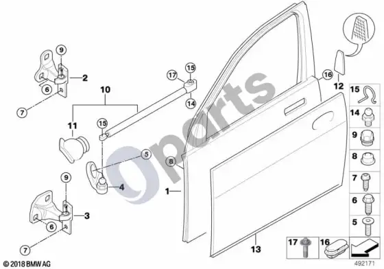 BMW 7 E65 E66 priekinių durų vyris / durų ribotuvas – schema