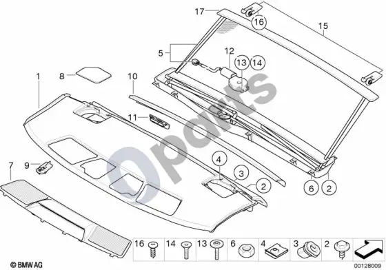 BMW 7 E65 E66 ritininė saulės užuolaida, bagažinės lentyna – schema