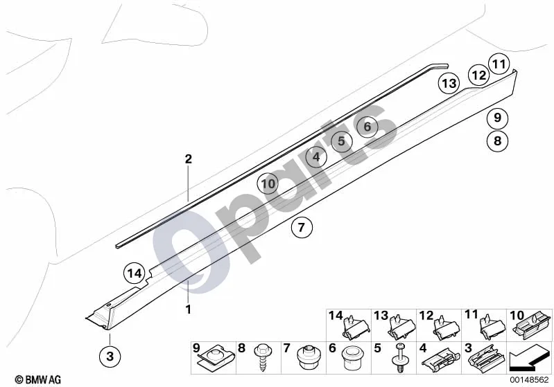 BMW 7 E65 E66 (2001–2008) Slenksčio / ratų arkos apdaila schema – pozicija 04: Spaustukas