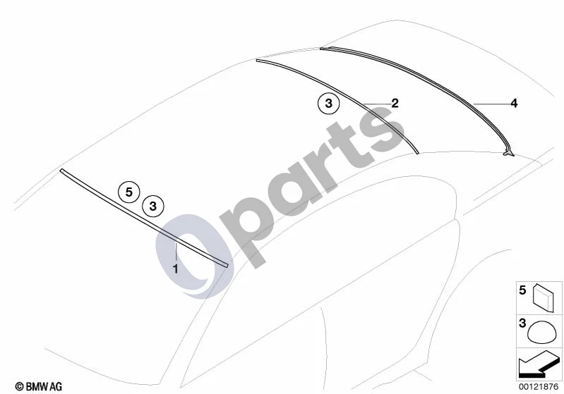BMW 7 E65 E66 (2001–2008) Stiklai, tvirtinimo detalės schema – pozicija 02: Galinio lango dangtelis, viršutinis