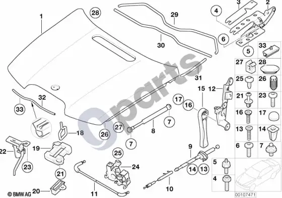 BMW 7 E65 E66 variklio gaubto / tvirtinimo detalės – schema