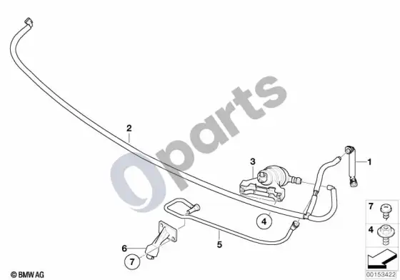 BMW 7 E65 E66 žibintų plovimo sistemos žarnos – schema