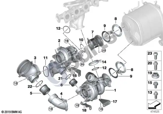 BMW 7 G11 G12 žemo slėgio išmetimo turbokompresorius – schema