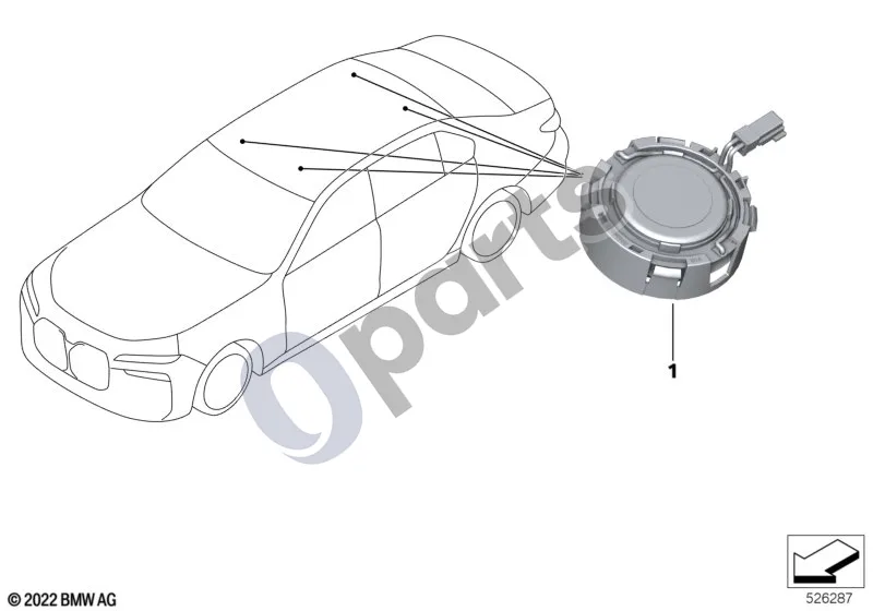 BMW 7 G70 (2022–) Garsiakalbis lubų apdailoje schema – pozicija 01: Garsiakalbis
