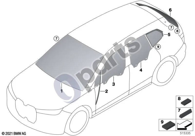 BMW iX (2021–) Stiklai (IX I20 IXM60) schema – pozicija 06: Galinis langas, žalias