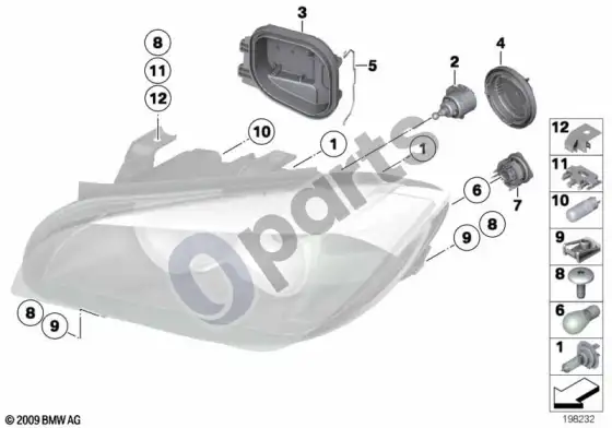 BMW X1 E84 atskiros priekinio žibinto dalys, halogeninis – schema