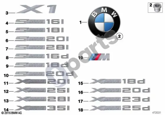 BMW X1 E84 emblemos / užrašai – schema