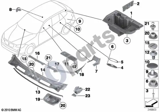 BMW X1 E84 kėbulo tvirtinimo detalės – schema