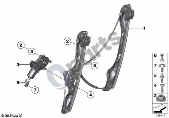 BMW X1 E84 priekinis durų stiklo pakėlimo mechanizmas – schema