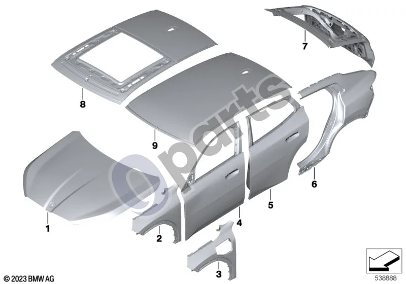 BMW X2 U10 (2023–) Išorinė plokštė schema – pozicija 01: Variklio dangtis