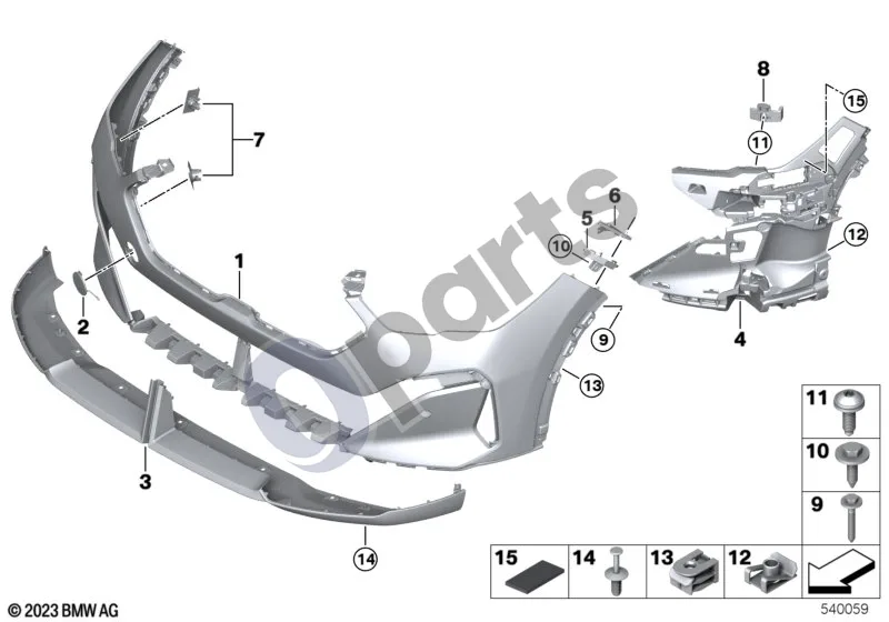 BMW X2 U10 (2023–) Priekinė apdailos plokštė schema – pozicija 01: Bamperio skydas priekinis