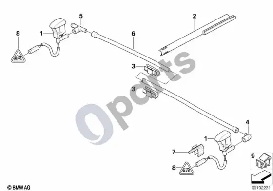 BMW X3 E83 atskiros dalys priekinio stiklo valymo sistemai – schema