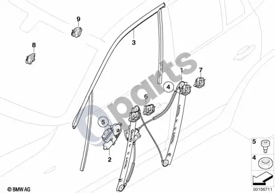 BMW X3 E83 priekinis durų stiklo pakėlimo mechanizmas – schema