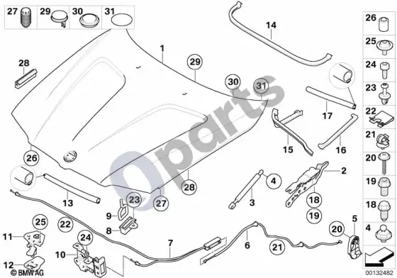 BMW X3 E83 variklio gaubto / tvirtinimo detalės – schema
