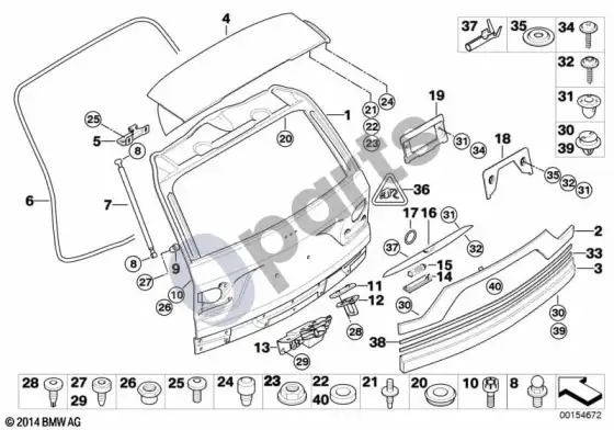 BMW X3 E83 atskiros bagažinės dangčio dalys – schema