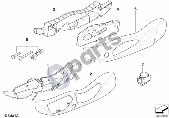 BMW X3 E83 priekinės sėdynės valdymo elementų atskiros dalys – schema