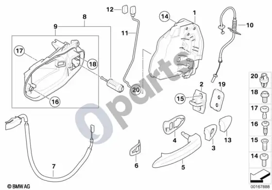 BMW X3 E83 priekinių durų valdymas / durų užraktas – schema