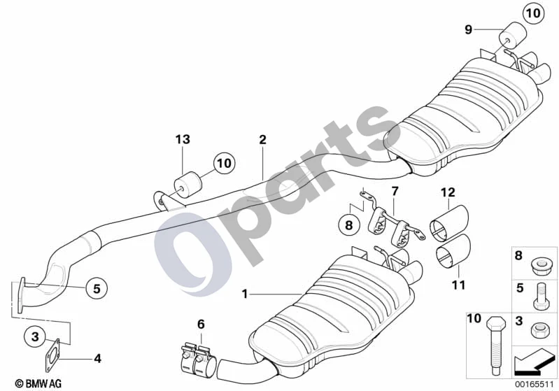 BMW X3 E83 (2003–2010) Galinis duslintuvas (X3 E83 LCI X33.0SD) schema – pozicija 12: Išmetimo vamzdžio antgalis, aliuminio imitacija