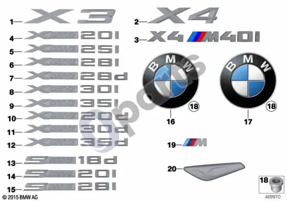 BMW X3 F25 emblemos / užrašai – schema