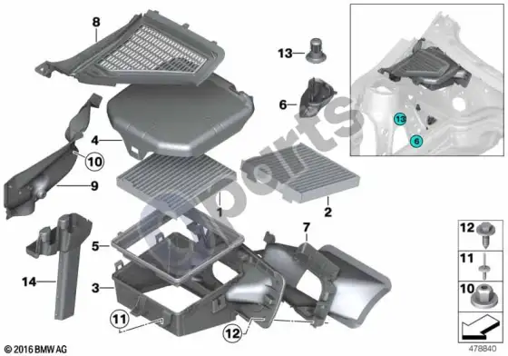BMW X3 F25 mikrofiltras / korpuso dalys – schema