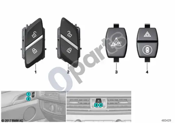 BMW X3 F25 jungiklis, avarinė signalizacija / centrinis užraktas; 2014.04 - ... – schema